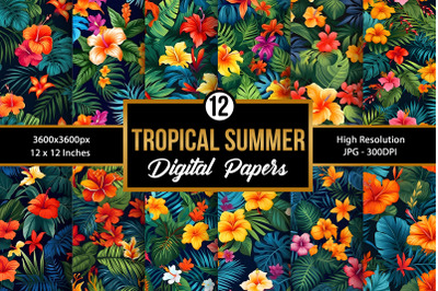 Tropical Summer Flowers Pattern Digital Papers