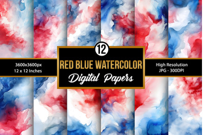 Red Blue and White Watercolor Backgrounds, Patriotic Digital Papers