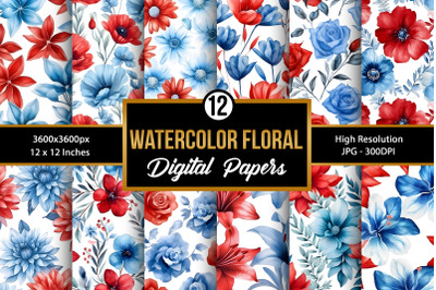 Red and Blue Watercolor Flowers Backgrounds