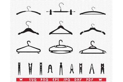SVG Hangers, Clothespins, Black silhouettes, Digital clipart