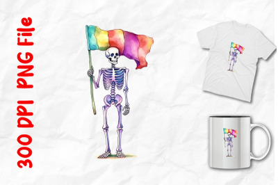 skeleton holding a LGBT flag