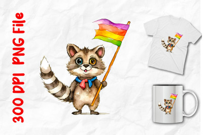 cute racoon holding a pride flag