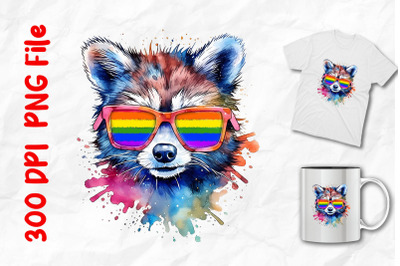 raccoon wearing rainbow sunglasses