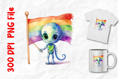 alien standing next to pride flag