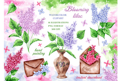Blooming lilac watercolor clipart. Spring Flower. Lilac bouquet.