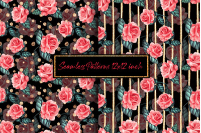 Red roses with gold. Seamless patterns