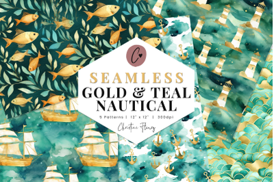 5 Gold &amp; Teal Nautical Digital Paper