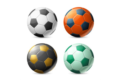 Realistic color soccer balls. Isolated 3d sport inventory, team game o