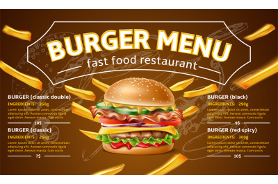 Cafe burgers menu. Realistic street fast food flyer with prices and in