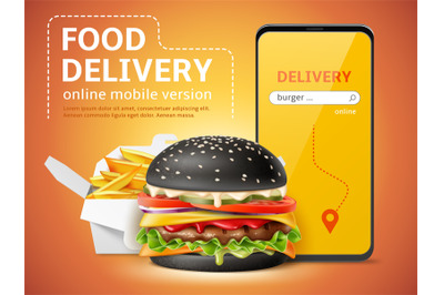 Fast food order app. Realistic hamburger with black sesame bun&2C; french