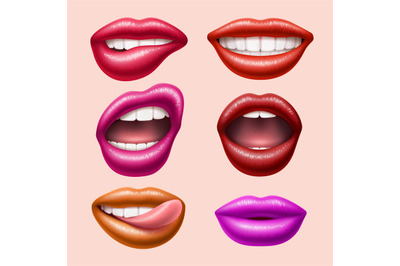 Different colors realistic lips. Female bright mouths, smiling and sex