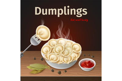 Realistic dumplings plate. Hot boiled dough with meat filling, steam p