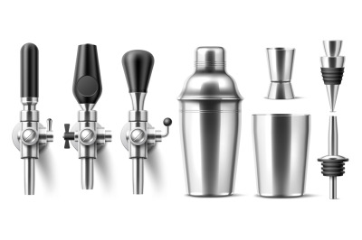 Realistic beer taps. Bartender and beerkeeper metal devices, cocktail