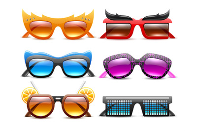 Realistic carnival glasses. Funny party sunglasses, different shapes a