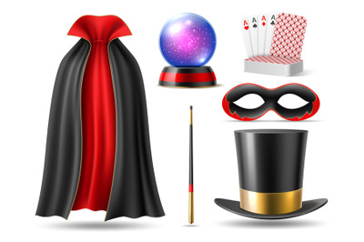 Realistic magician accessories. 3d illusionists isolated elements, wiz