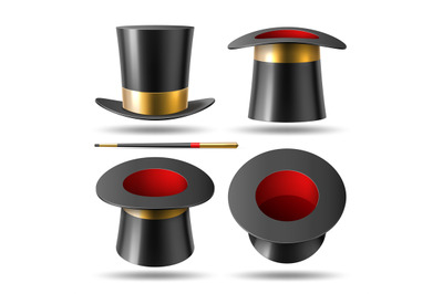 Magician hat and wand. 3d illusionist black cylinder, different angles