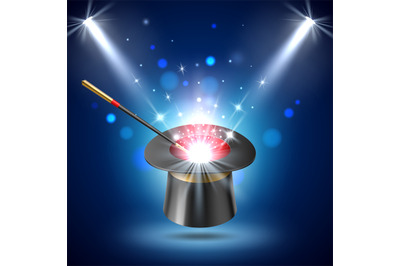 Realistic magic hat. Illusionist trick cap, 3d fireworks effect with w