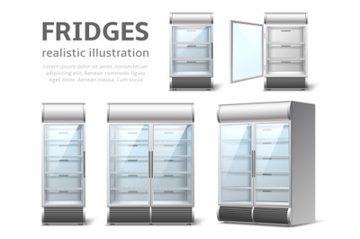 Realistic fridges. Industrial and store empty refrigerators for bevera