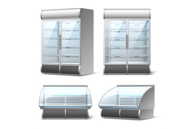 Realistic fridges showcases. Isolated commercial refrigerators and dis