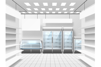 Food store interior empty fridges. Trading floor with shelves, showcas