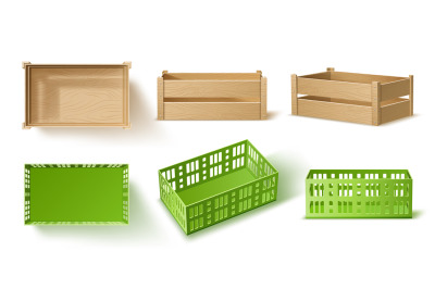 Empty wooden and plastic crates. Realistic boxes for bottles, containe