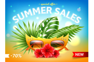 Sunglasses sale summer poster. Realistic beach glasses in funny frame&2C;