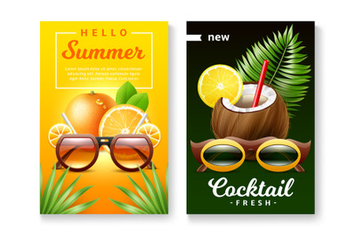 Sunglasses summer banners. Realistic glasses in funny bright frames, t