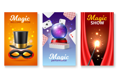 Magician accessories cards. Realistic illusionist equipment, crystal b