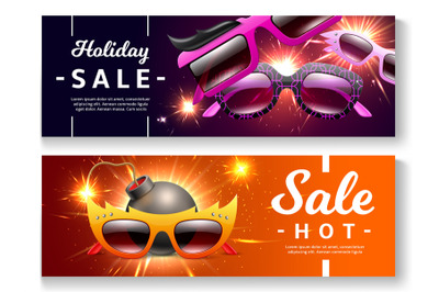 Sunglasses sale banners. Realistic glasses in funny frames, hot fashio