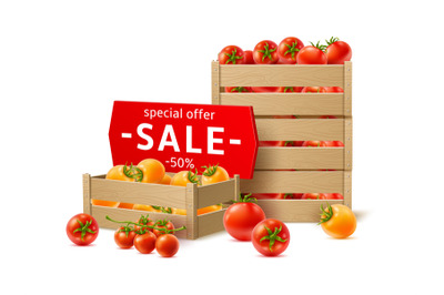 Realistic tomatoes boxes. Storage wooden crates with vegetables, produ