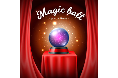 Realistic crystal ball poster. 3d magic glass object with luminous par