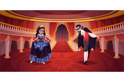 Masquerade people scene. Vampire and queen at ball, palace room, invit