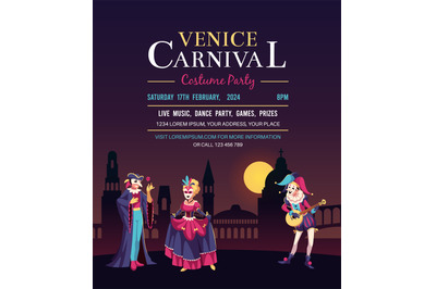 Venetian carnival invitation poster. Masquerade masks and costumes peo