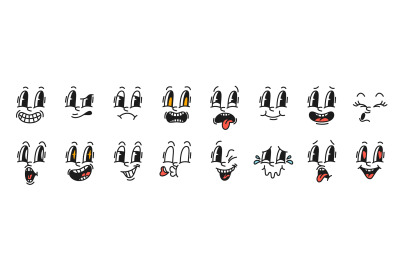 Cartoon facial expressions. Mascot rubber emotions, old animation char