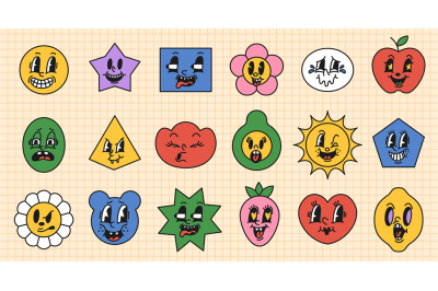 Shapes with retro faces. Funny emotional characters, old cartoon style