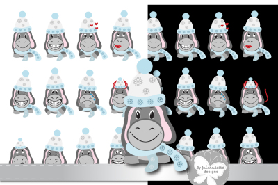 Icons of donkeys in winter hats depicting various types of emotions. The archive contains EPS 10 in any desired size, 300 a JPEG on a white background, JPEG 300 dpi on a black background.