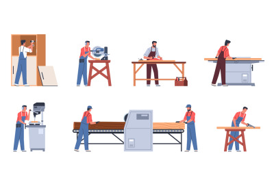 Carpenters characters with furniture. Cartoon men in workwear engaged