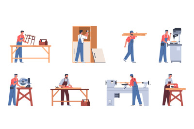 Carpenters work. Woodworking industry flat characters, people in overa