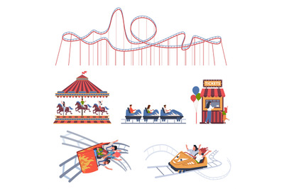 Roller coaster. Amusement park elements, happy visitors in trailers, m