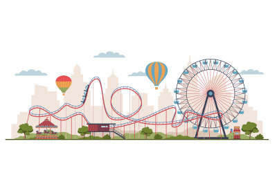 Amusement park panorama. Cartoon flat style isolated roller coaster, f