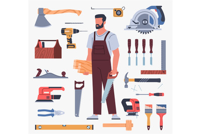 Carpenter elements. Flat cartoon repairman character with professional