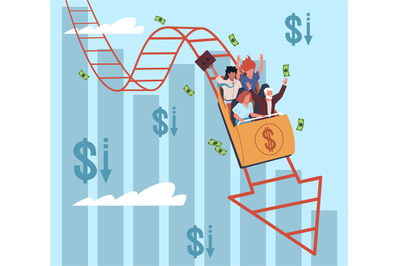 Financial crisis on roller coasters. Economical bankruptcy, businessme