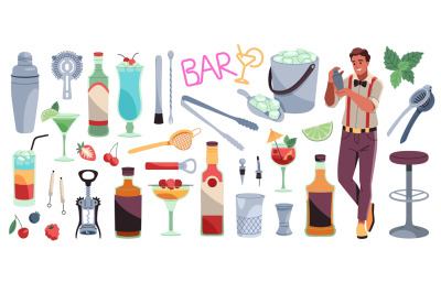 Cocktail bar tools. Professional bartender instruments, alcohol drinks