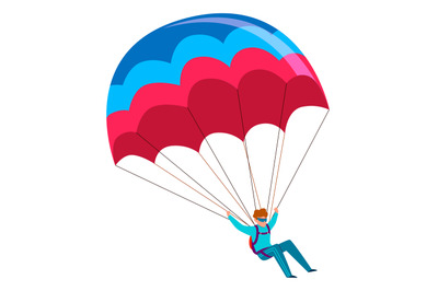 Skydiver. Man with open parachute flying in sky. Falling from airplane