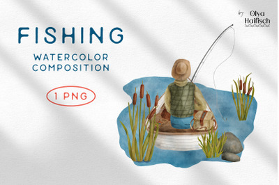 Watercolor Fishing Clipart. Hand Drawn Fisher in Boat PNG