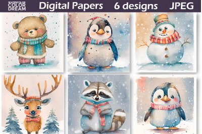 Watercolor Christmas Animals Digital Paper&nbsp;