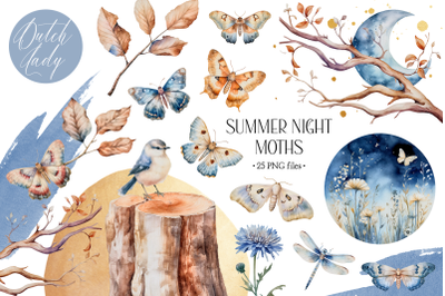 Watercolor Summer Night Moths Clipart Set