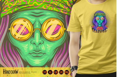 Hippie aliens dressing bohemian flower power illustrations