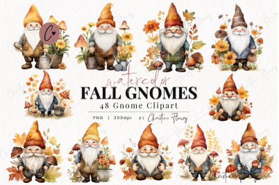 48 Watercolor Fall Gnomes Clipart