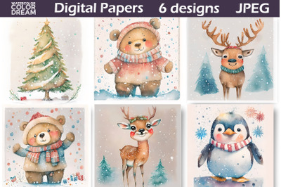 &nbsp;Christmas Animals Digital Paper | Watercolor Christmas&nbsp; Illustration